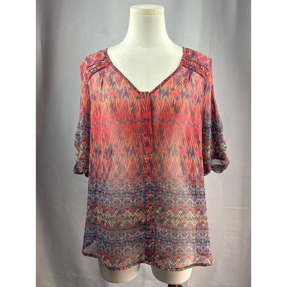 Skies Are Blue Womens V-Neck Blouse Medium Petite Multicolor Sheer 3/4 Sleeve Po - Picture 2 of 5